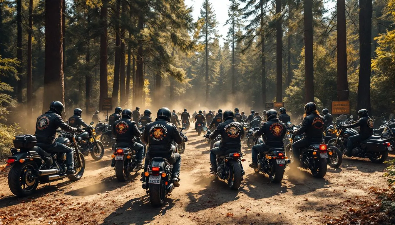 Reunión diversa de moteros en bosque natural