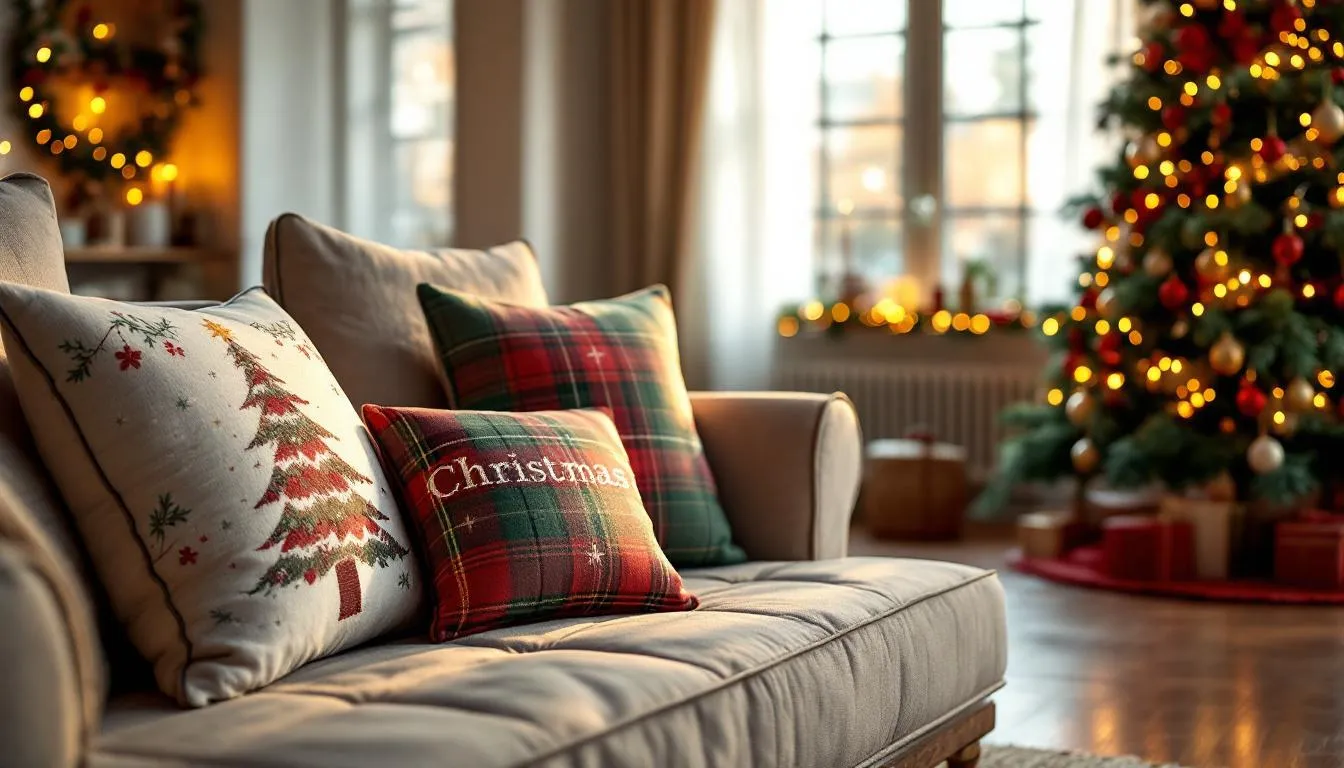 Salón navideño acogedor con cojines festivos