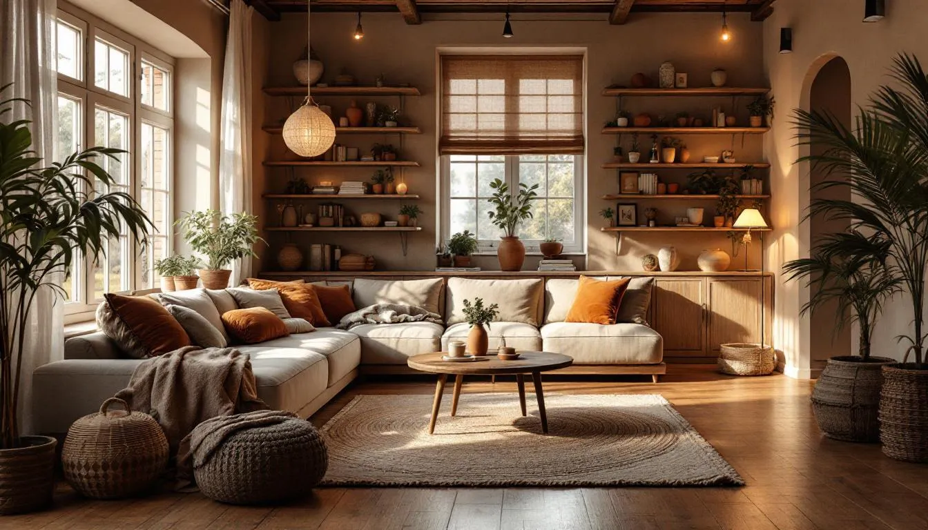 Salón acogedor con tonos cálidos tierra