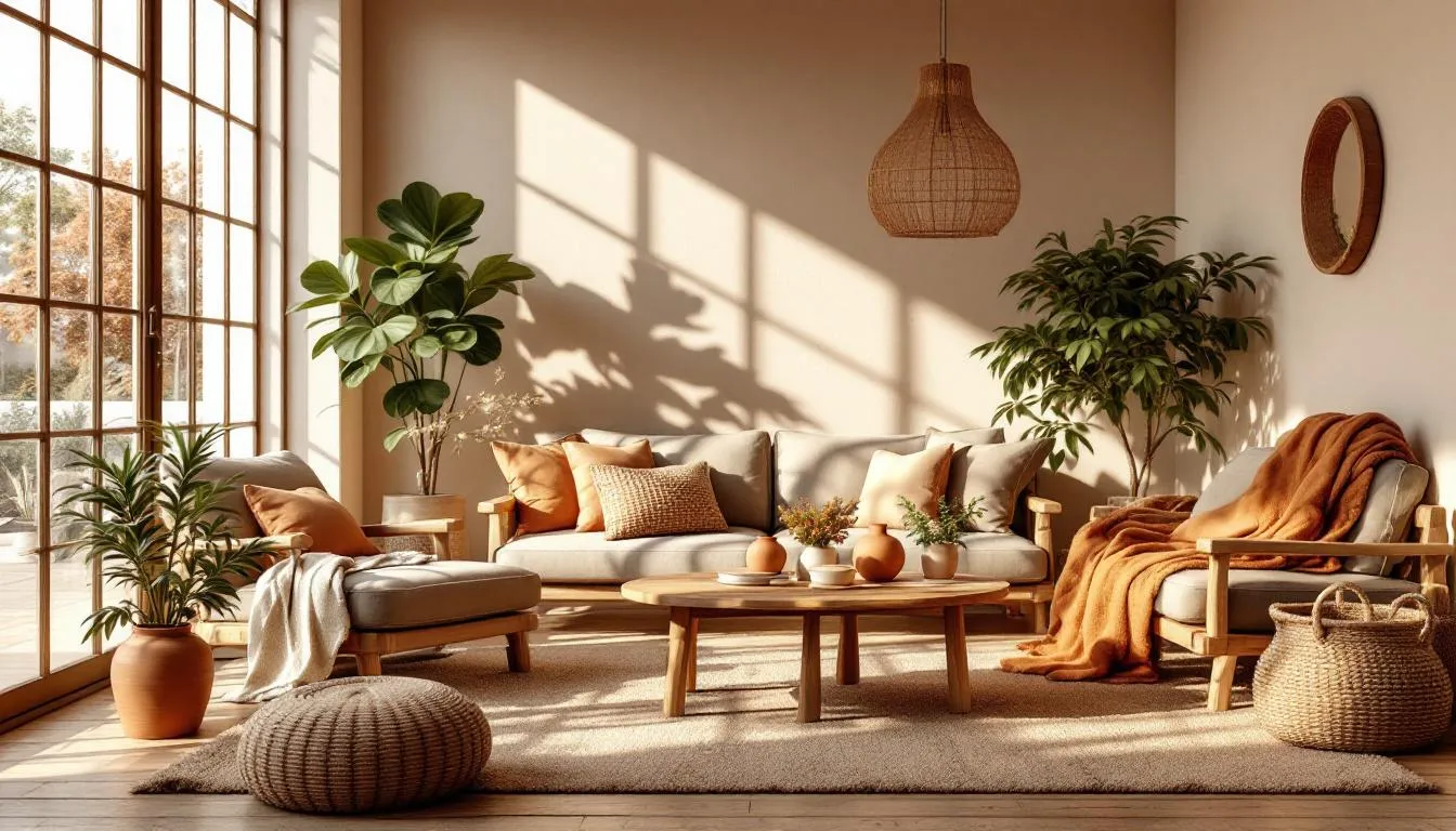 Salón acogedor con tonos tierra y madera