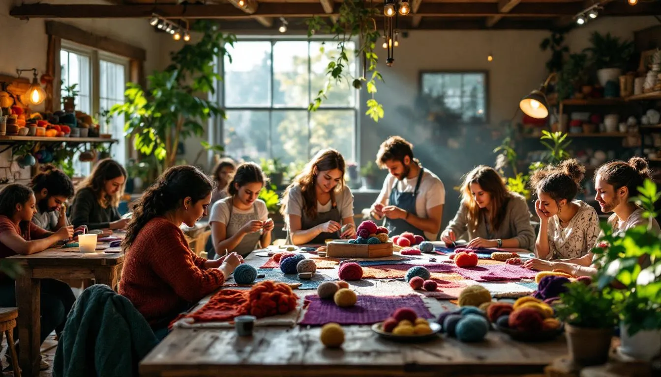 Taller artesanal iluminado con tejidos coloridos