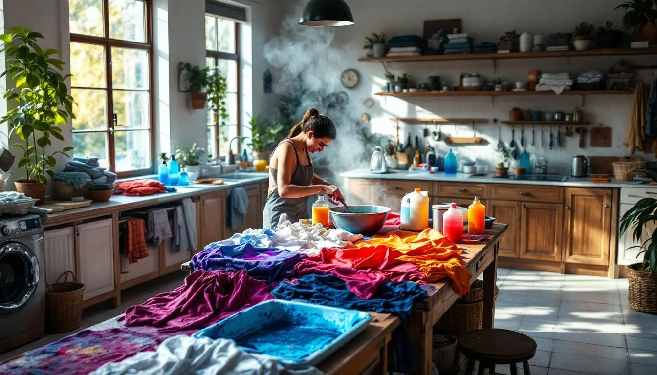 Lavandería luminosa con telas teñidas coloridas