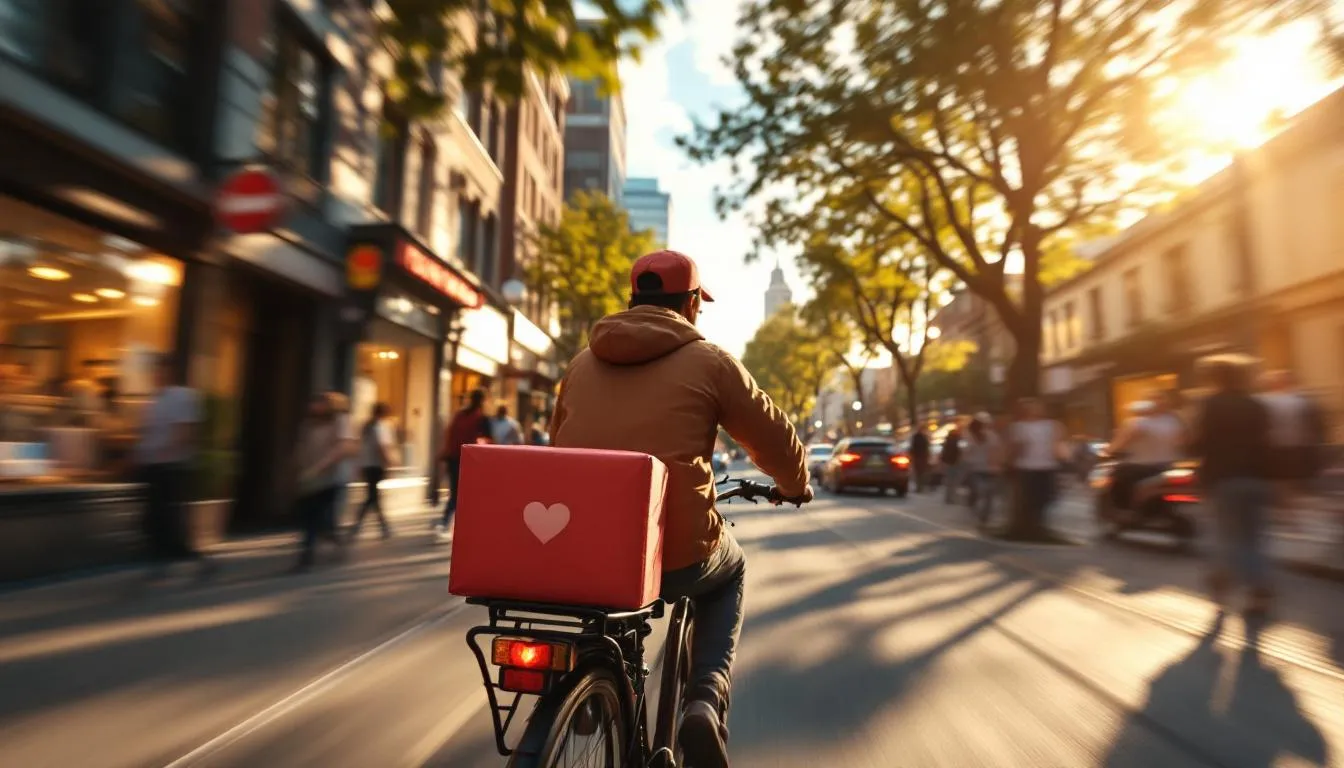 Repartidor en bicicleta con paquete corazón rojo