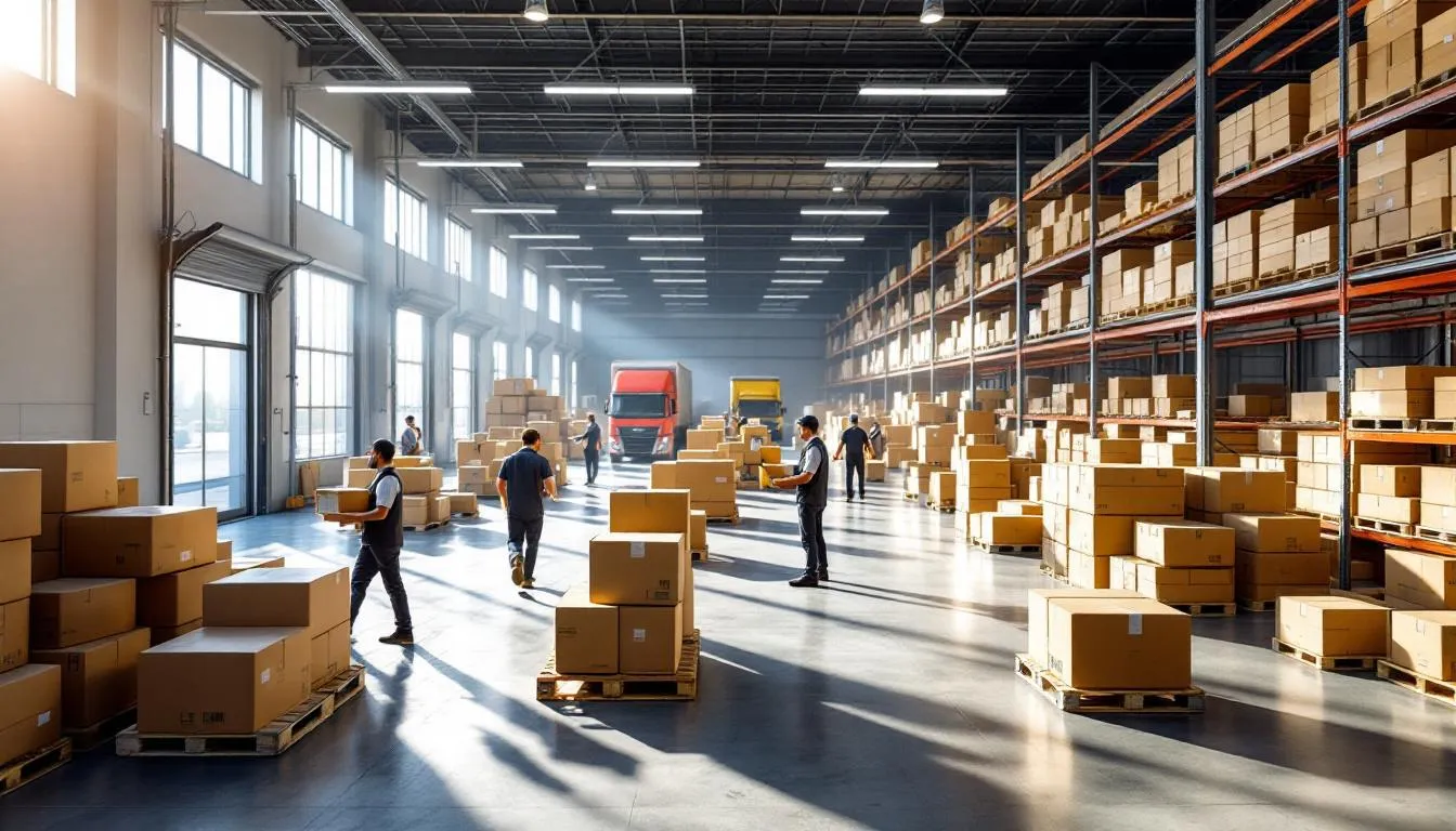 Almacén logístico moderno con actividad intensa