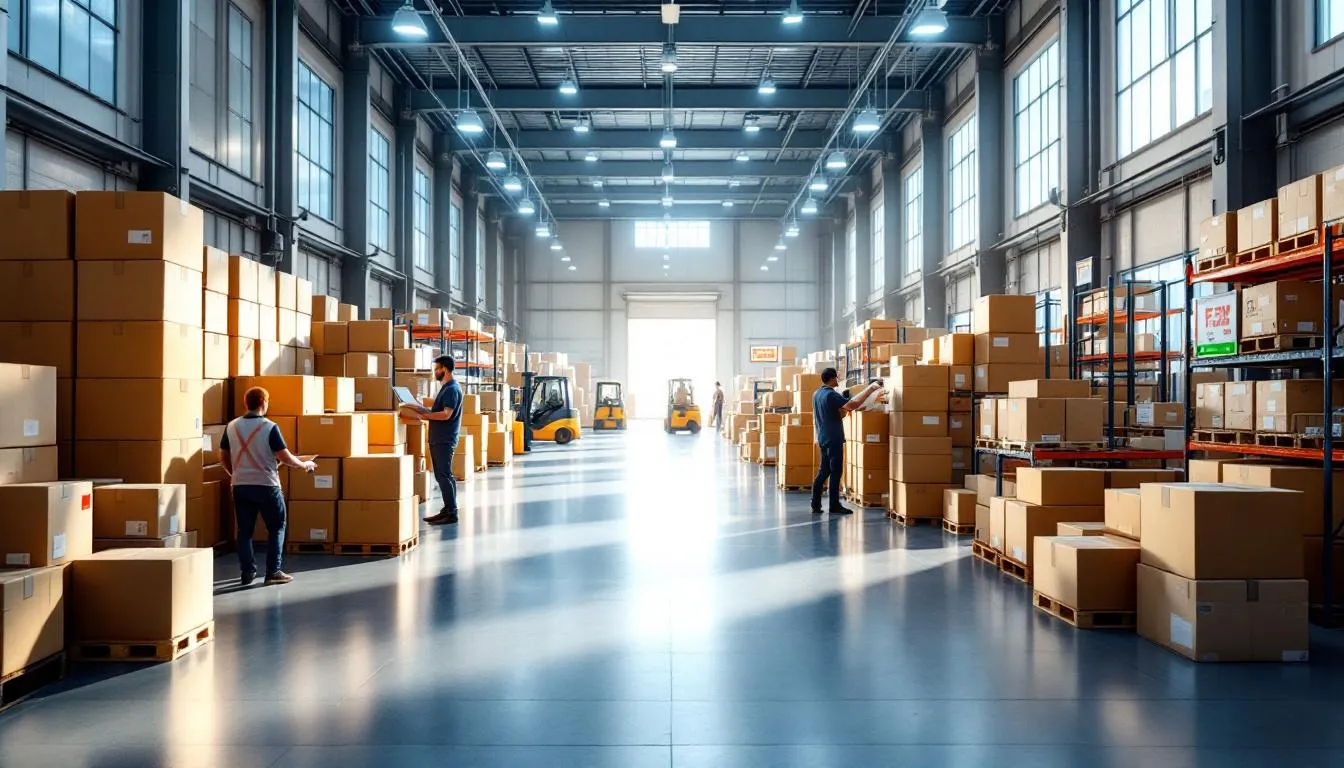 Almacén moderno organizado con paquetes y trabajadores