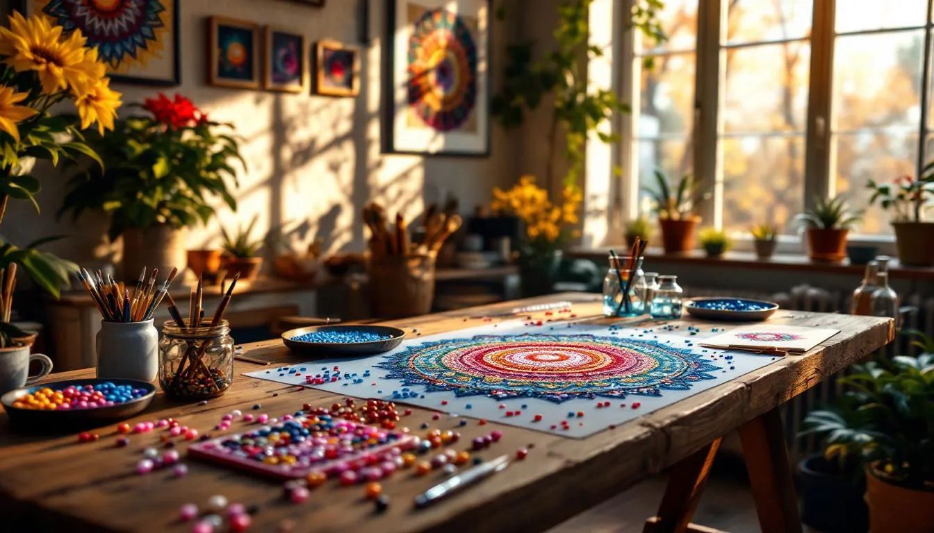 Estudio artístico acogedor con arte mandala brillante