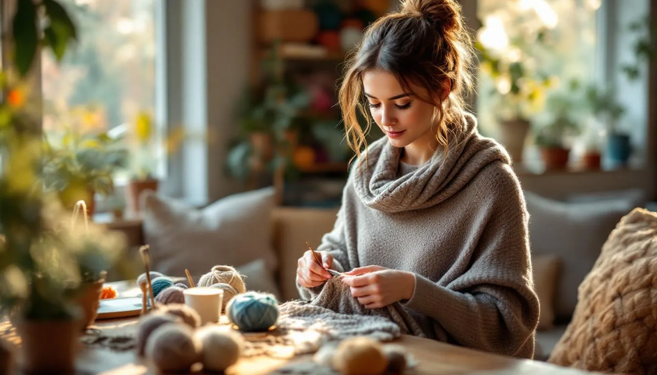 Mujer tejiendo chal en ambiente acogedor
