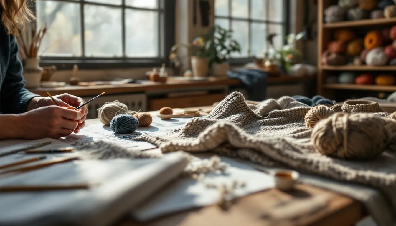 Taller artesanal con tejidos y herramientas