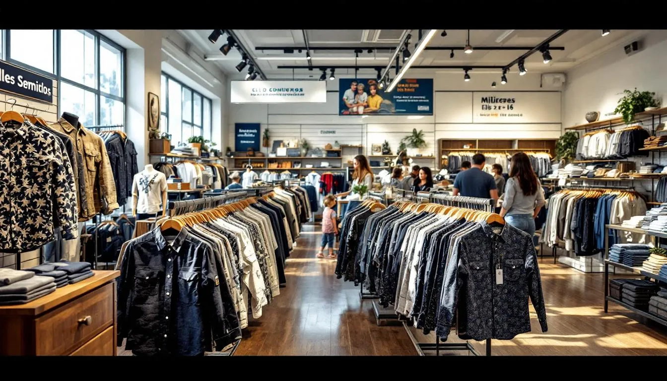 Tienda infantil ropa militar luminosa y ordenada