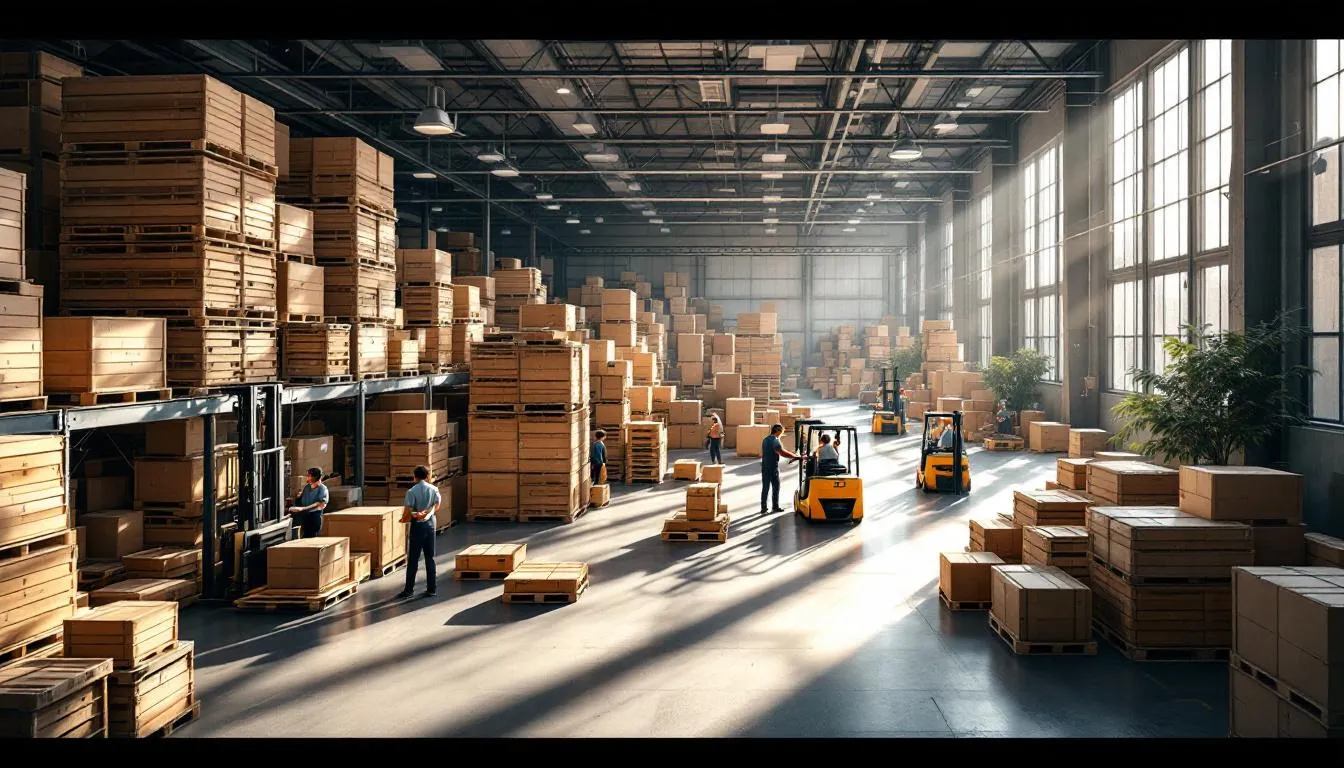 Almacén moderno con cajas y trabajadores