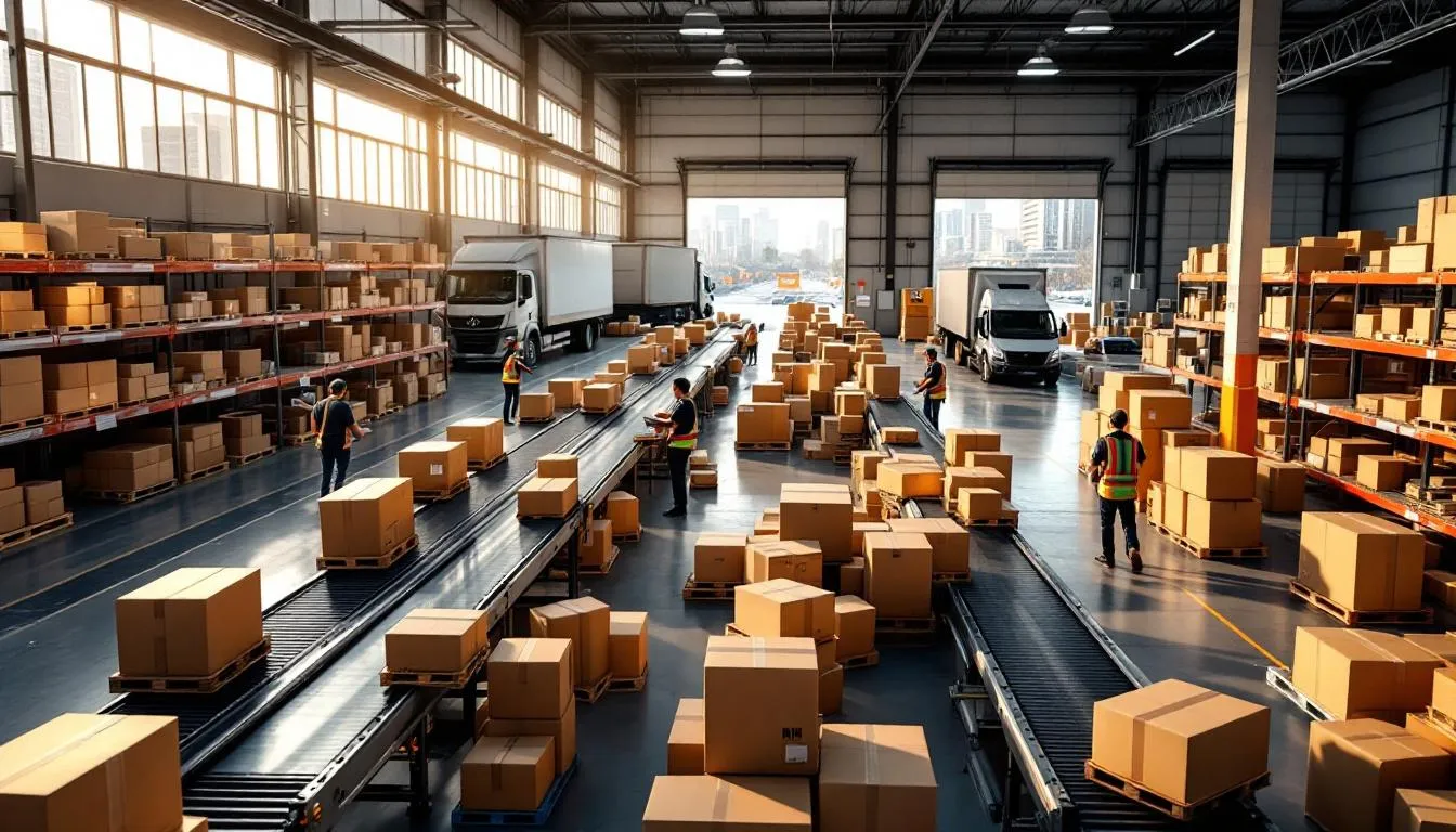 Almacén logístico moderno con actividad intensa