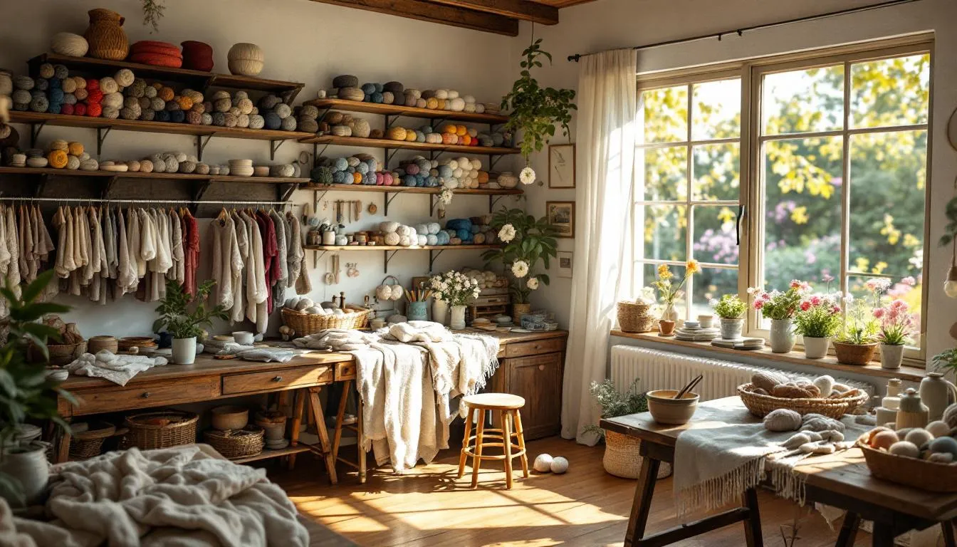 Estudio artesanal luminoso con hilos coloridos