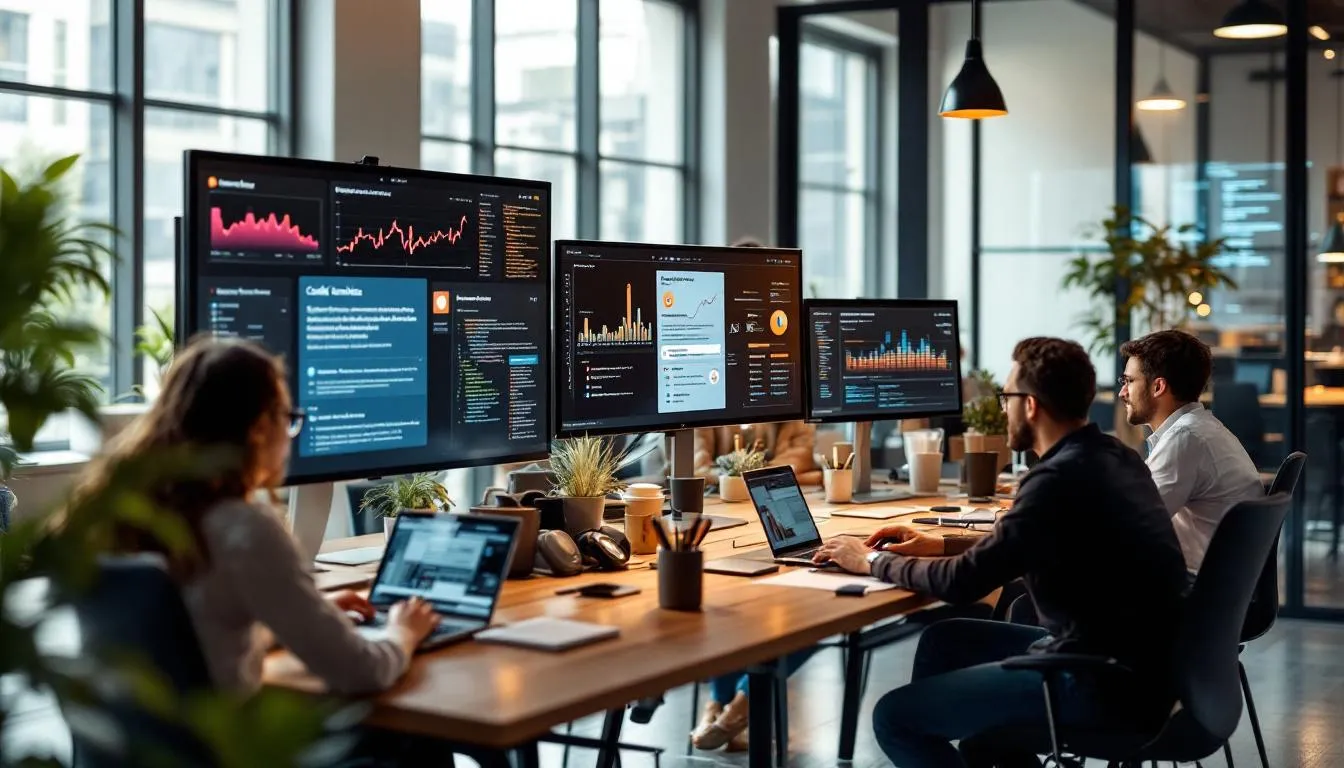 Equipo analizando datos en oficina moderna