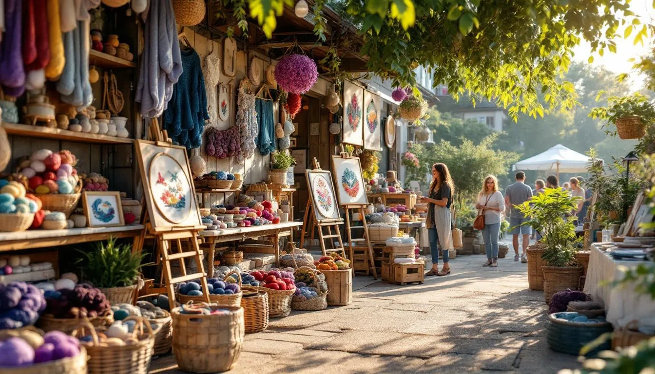 Puesto de mercado artesanal con ovillos coloridos