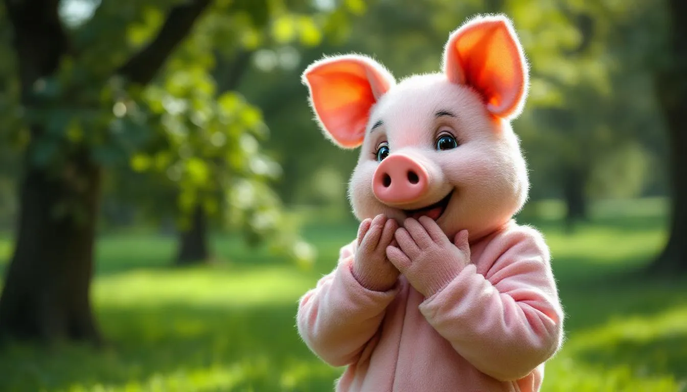 Persona disfrazada de cerdito en parque verde