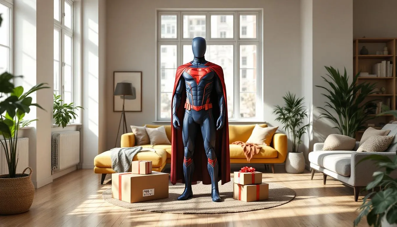 Disfraz de superhéroe en salón moderno luminoso