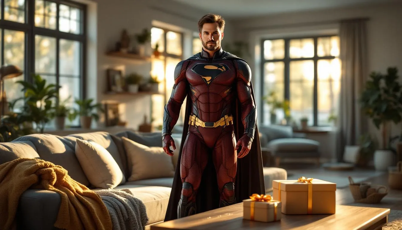 Sala moderna con superhéroe y regalo