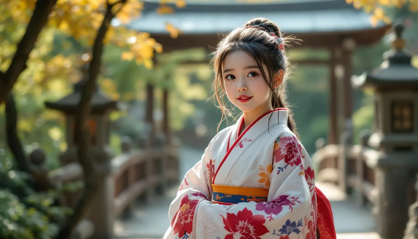 Niña con disfraz Nezuko en jardín japonés