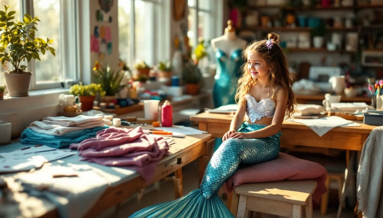 Habitación de manualidades con niña disfraz sirena