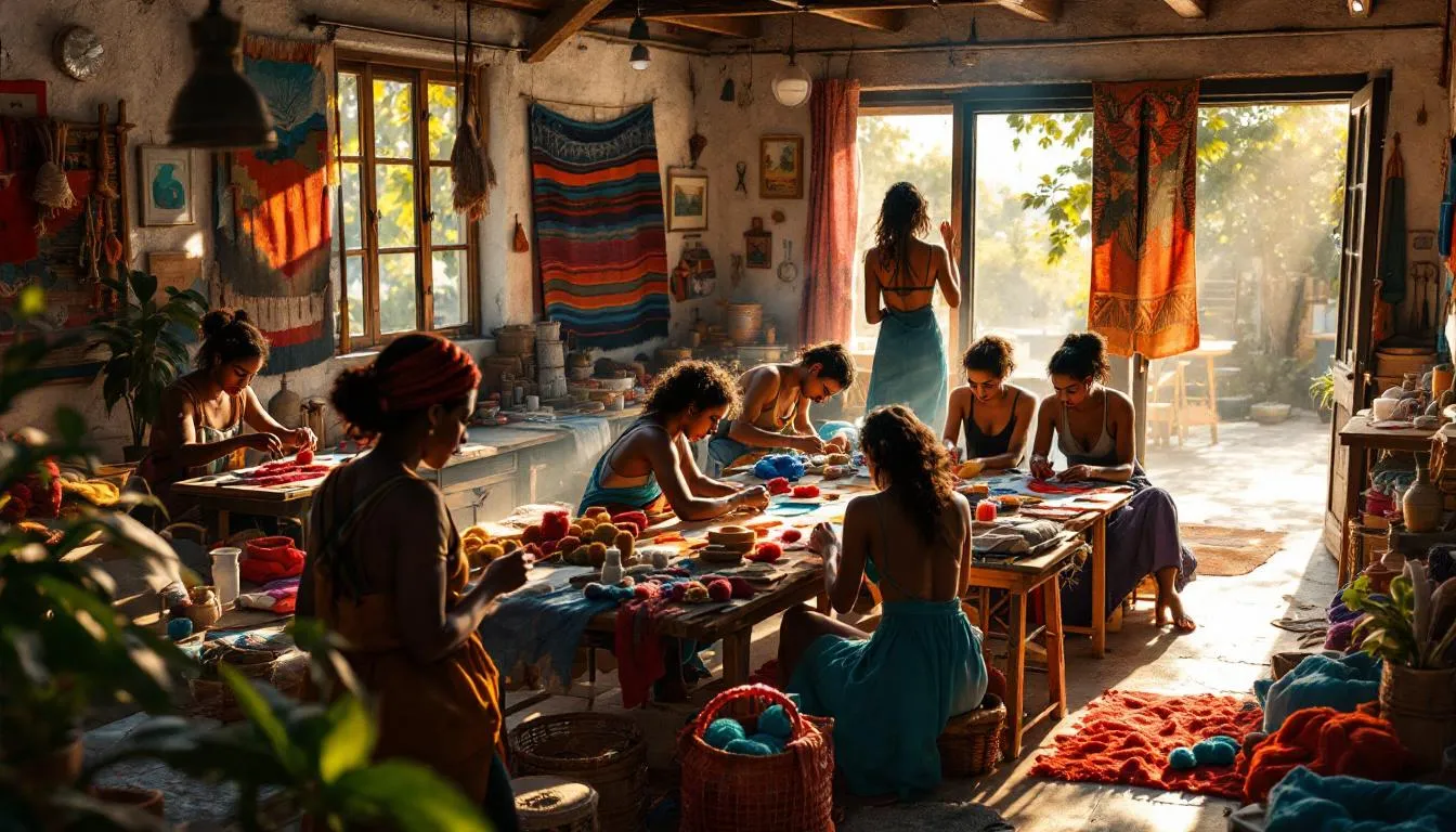 Taller artesanal luminoso con artistas colaborando