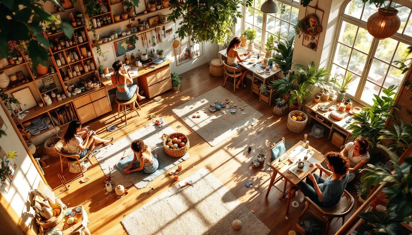 Estudio creativo soleado con arte y belleza