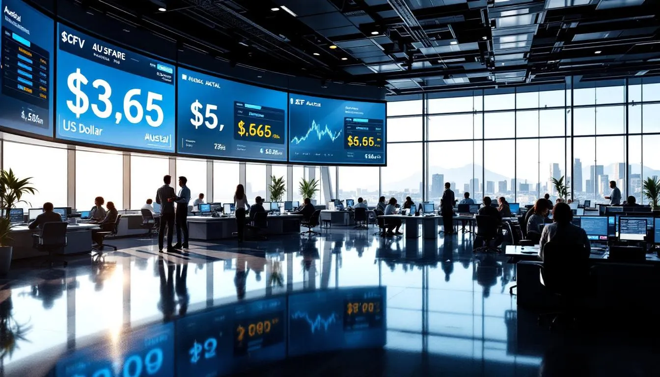 Sala de trading financiera moderna con pantallas