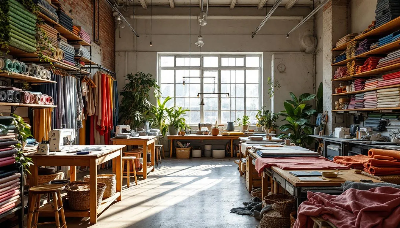 Taller textil moderno con telas coloridas