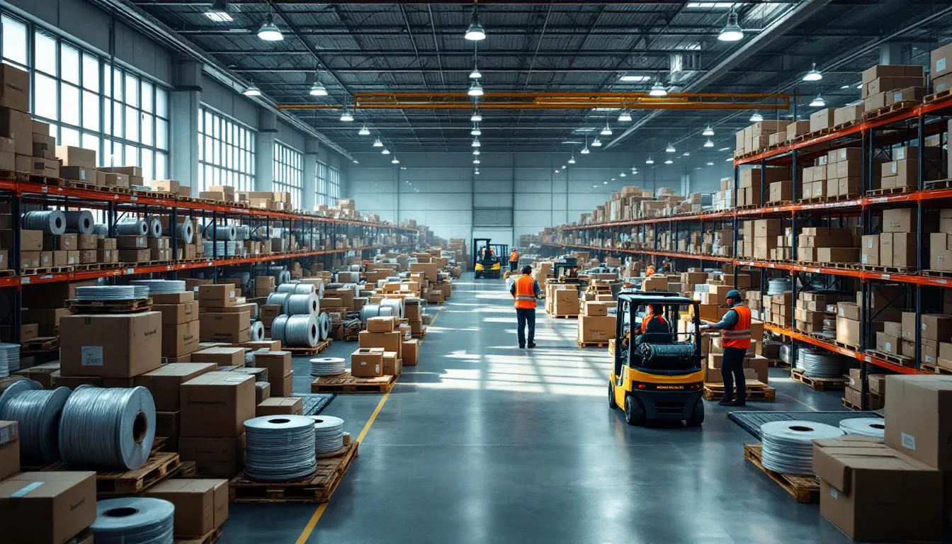 Almacén logístico activo con estanterías y trabajadores