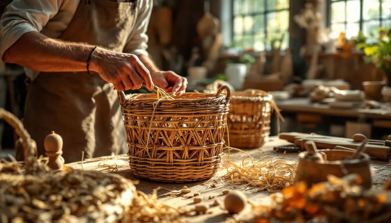 Artesano tejiendo cesta de mimbre artesanal