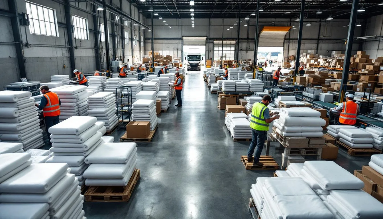 Almacén textil activo con trabajadores y telas