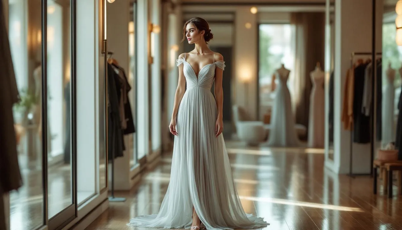 Mujer elegante con vestido corazón en boutique