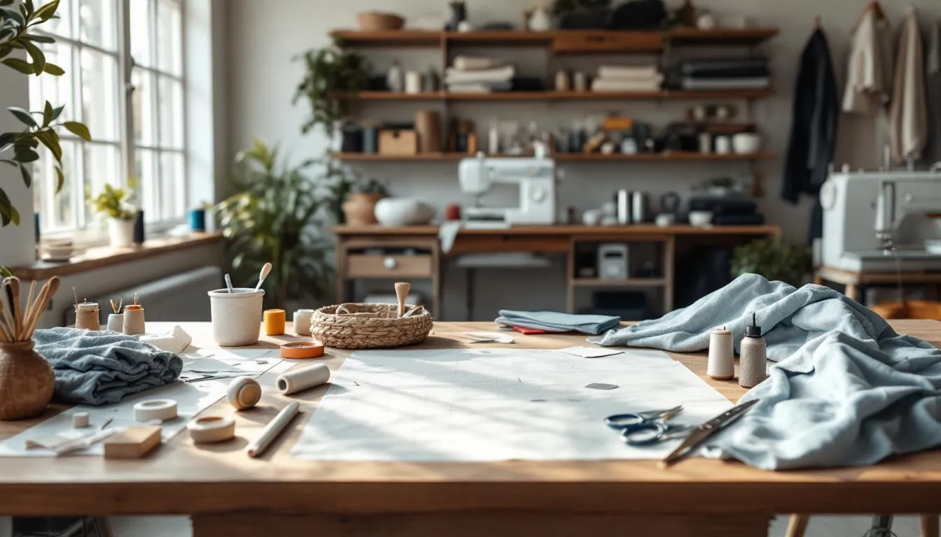 Taller de sastrería iluminado con herramientas ordenadas