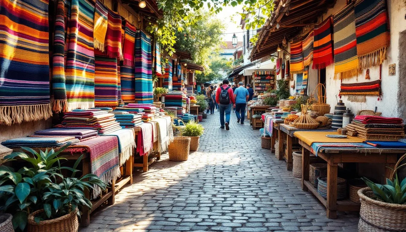 Puesto tradicional chileno con esterillas coloridas