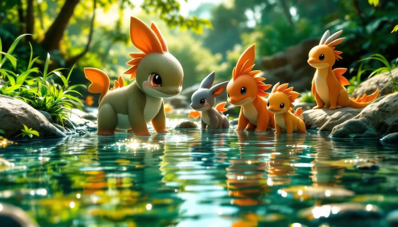 Mudkip y evoluciones en estanque natural al