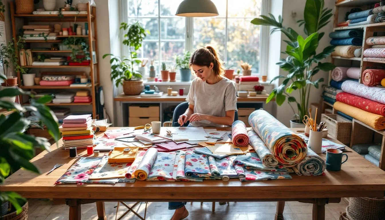 Estudio de costura con telas florales coloridas