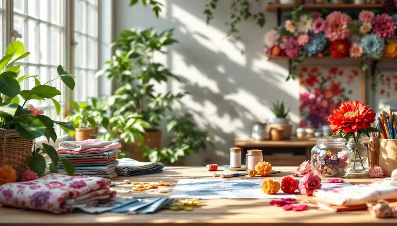 Estudio de costura con flores y luz