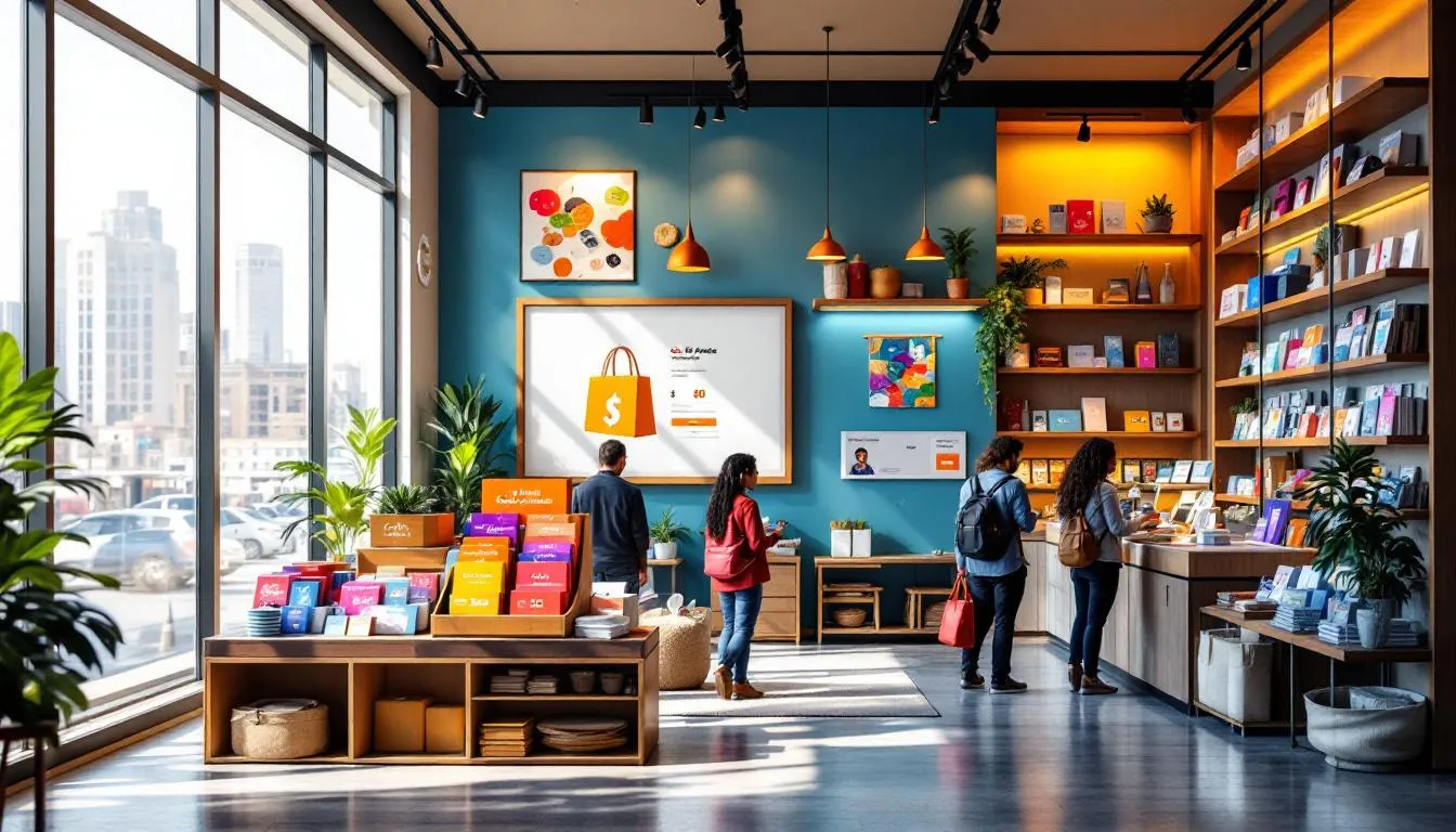 Interior tienda tarjetas regalo modernas y luminosas
