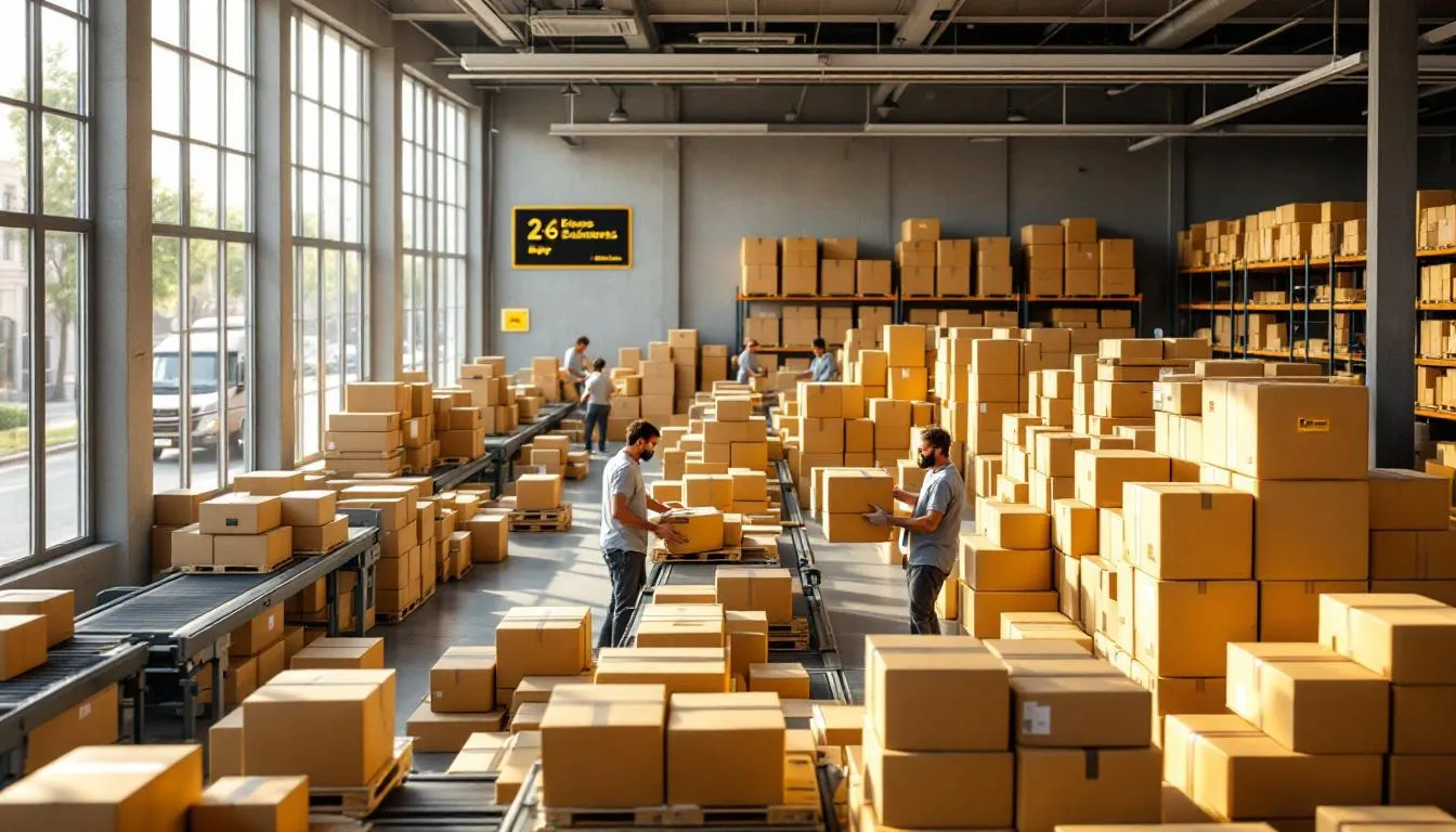 Almacén moderno con paquetes rosa dorado