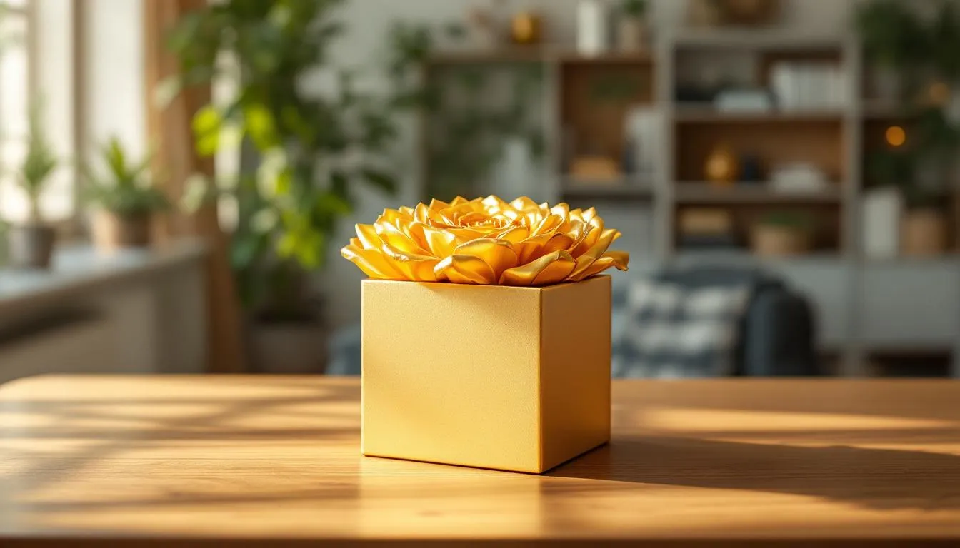 Caja regalo rosa dorada lujo en sala