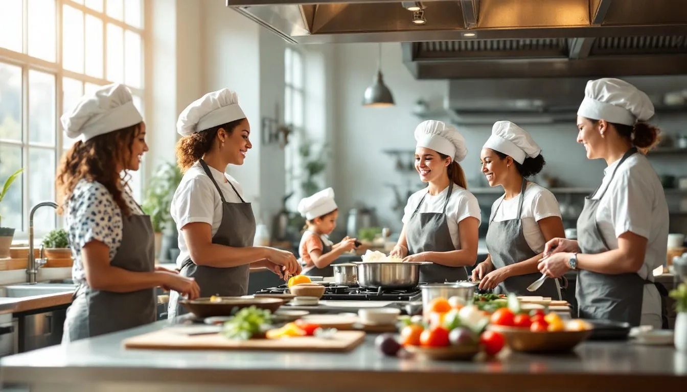 Grupo diverso cocinando en cocina profesional brillante