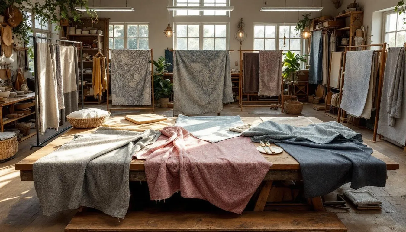 Taller artesanal con telas jaspeadas coloridas