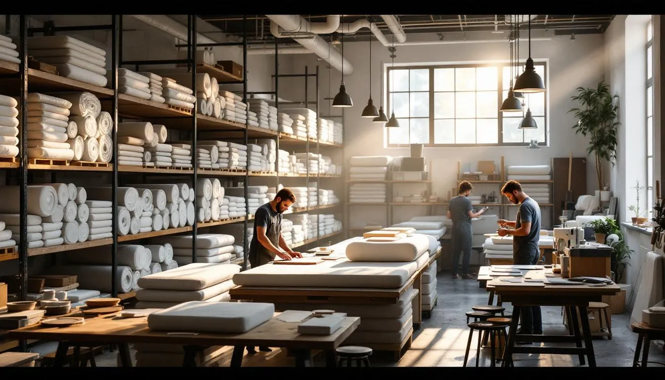 Taller moderno de tapicería con telas y