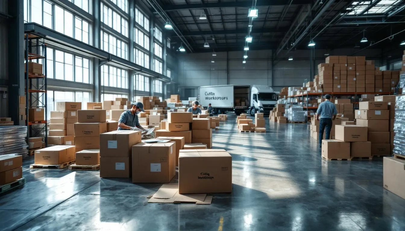 Centro logístico moderno con trabajadores empaquetando
