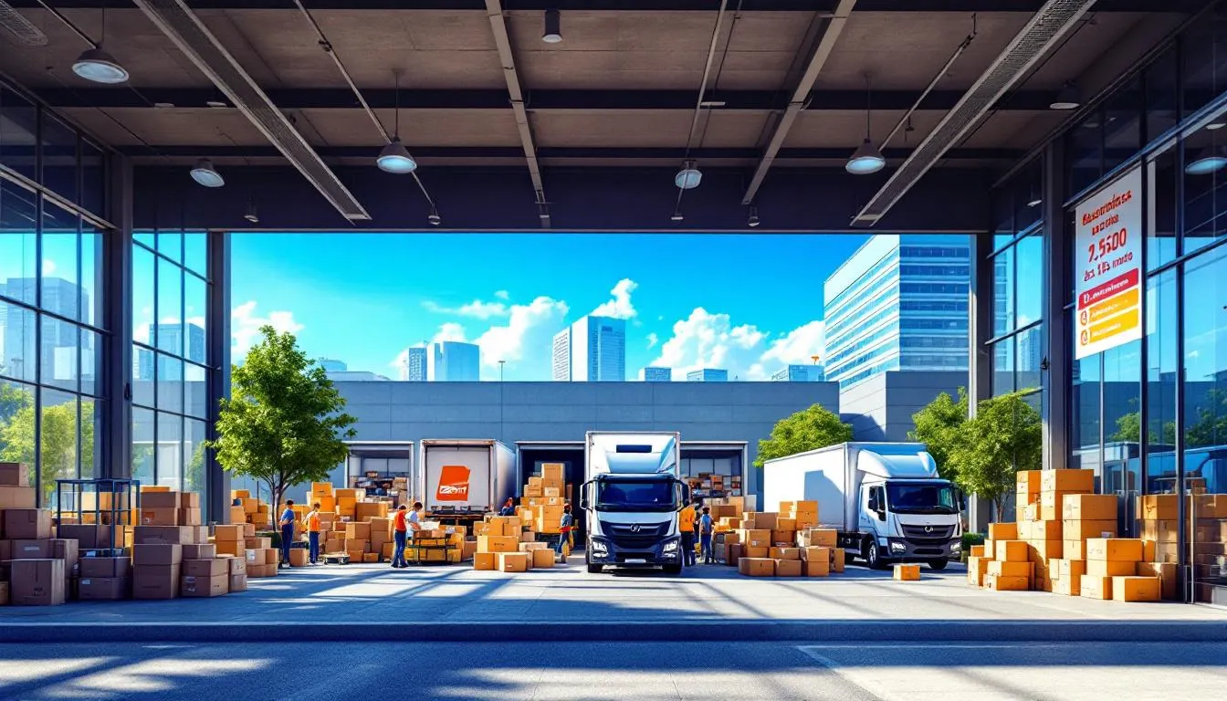 Centro logístico urbano moderno con camiones