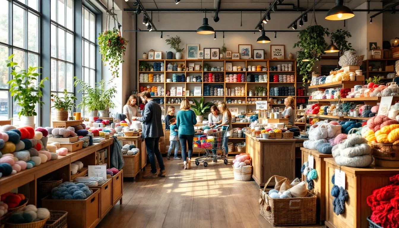 Interior acogedor de tienda de lanas moderna