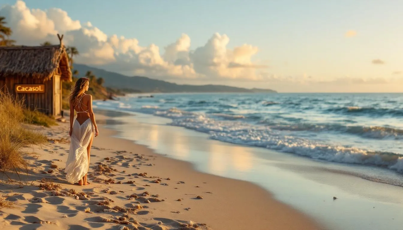 Mujer en bikini junto a cabaña en