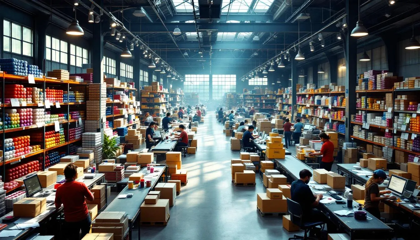 Almacén textil activo con hilos y trabajadores