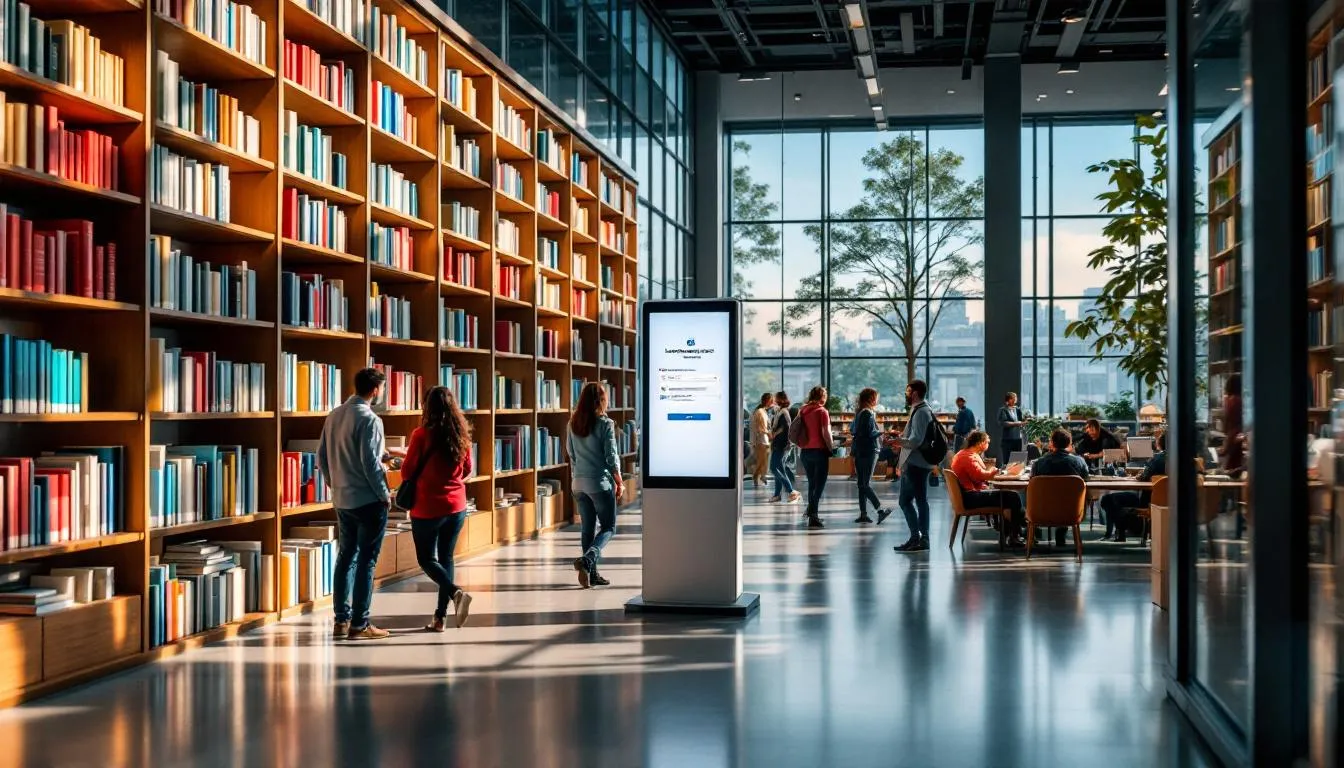 Interior moderno de biblioteca con kiosco digital