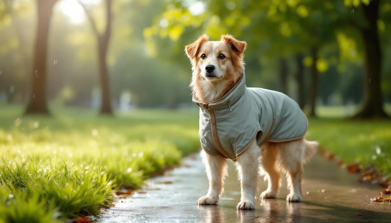 Perro con abrigo impermeable en parque húmedo
