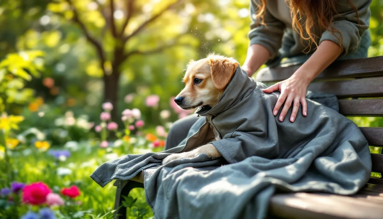 Persona limpiando impermeable para perro en jardín